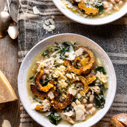 Crockpot Parmesan White Bean Chicken Soup with Roasted Delicata Squash