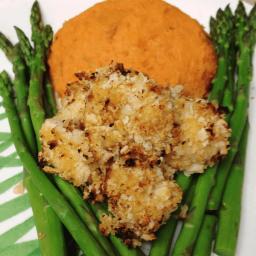 Crunchy Chicken Breast Bites with Sweet Potato Mash and Asparagus