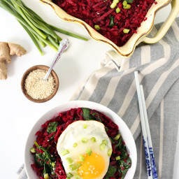 Crunchy Miso Beet Rice with Spinach and Egg