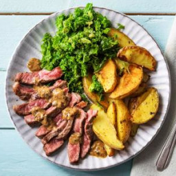 Crushed Peppercorn Steak with Creamed Kale and Potato Wedges