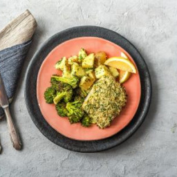 Crusted Dijon Cod with Dilled Fingerling Potatoes and Roasted Broccoli