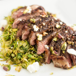 Crusted Strip Steak over Warm Shaved Brussels Sprouts