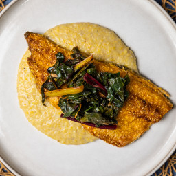 Crusted Trout & Grits with Rainbow Chard