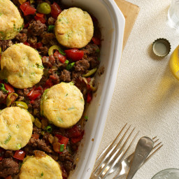 Cuban Beef Casserole with Corn-Scallion Biscuit Topping