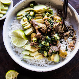 Cuban Style Steak and Avocado Rice with Pineapple Chimichurri