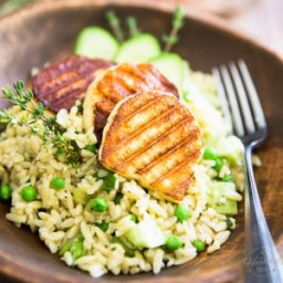 Cucumber and Peas Orzo Salad with Grilled Halloumi