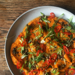 Curried carrot mash with brown butter and quick-pickled chillies