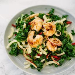Curried Kale and Spiralized Apple Salad with Dried Goji Berries and Shrimp