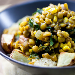 Curried Lentils, Corn, & Chard with Roasted Potatoes