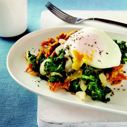 Curried Sweet Potato Waffles with Coconut-Braised Kale & Poached Eggs