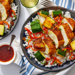 Curry-Spiced Chicken with Summer Vegetables  & Scallion Rice
