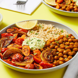 Curry-Spiced Chickpea Bowls with Roasted Veggies, Cucumber Raita & Garlic B