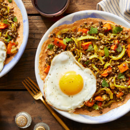 Curry-Spiced Vegetables, Lentils, & Farro with Fried Eggs & Spiced 