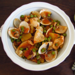 Cuttlefish with clams, peas and sweet potato