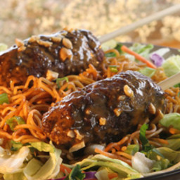 Dad’s BBQ Beef Satay with Noodles on Mixed Greens