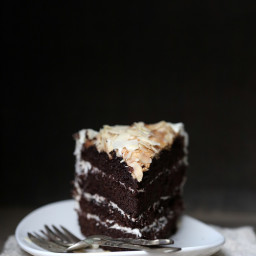 Dark Chocolate Layered Cake with Almond Meringue Topping