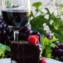 Dark Chocolate Red Wine Cake with Red Wine Raspberry Sauce #SundaySupper