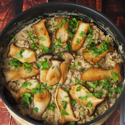 Decadent Mushroom Risotto Topped With Sauteed King Oyster Mushrooms