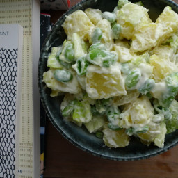 Delica-inspired wasabi potato salad with snap peas, edamame, and romaine he