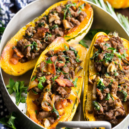 Delicata Squash with Caramelized Onion, Beef and Bacon Stuffing {Paleo, Who