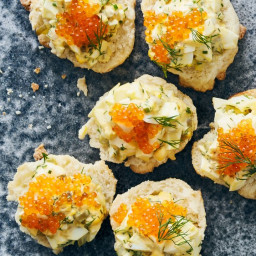 Deviled Eggs on Biscuits with Trout Roe and Dill