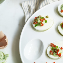 Deviled Green Eggs With Roasted Red Pepper and Capers