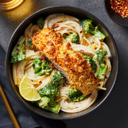 Dijon Onion Crunch Salmon over Lemony Broccoli Spaghetti