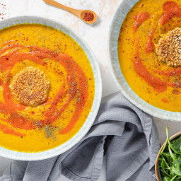 Dilly Carrot Bisque with Baked Cashew Cheese & Zesty Arugula Salad