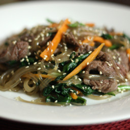 Dinner Tonight: Korean Japchae (Noodles with Spinach, Carrot, and Beef) Rec