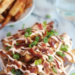 Double-Baked Fries with Garlic Cheese Sauce and Bacon