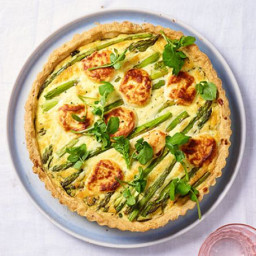 Double cheese and spring vegetable tart