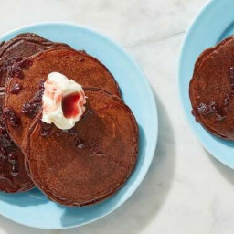 Double Chocolate Pancakes with Mascarpone & Sour Cherry Sauce