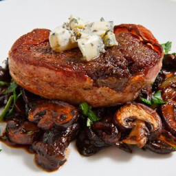 Double Smoked Bacon Wrapped Filet Mignon with Caramelized Mushrooms topped 