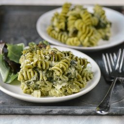 Double Spinach Pasta Casserole with Pesto and Asiago Cheese
