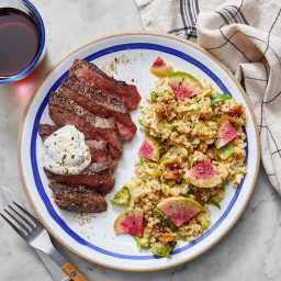 Dukkah-Spiced Steaks & Freekeh with Brussels Sprouts, Figs & Marina