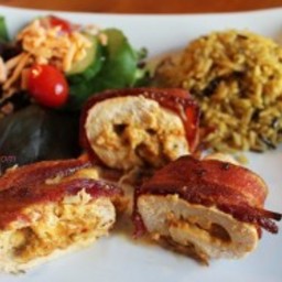 Easy Chicken Recipe - Bacon Wrapped Roasted Red Pepper Stuffed Chicken