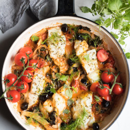 Easy One Pan Mediterranean Cod with Fennel, Kale, and Black Olives