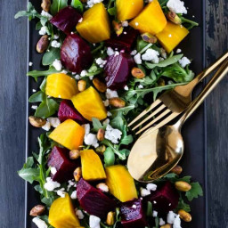 Easy Roasted Beet Salad with Goat Cheese, Arugula and Pistachios