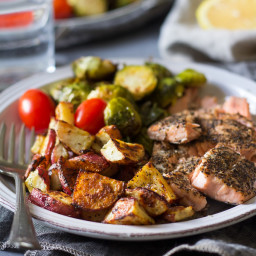 Easy Salmon with Crispy Lemon Dill Potatoes and Brussels Sprouts {Paleo}