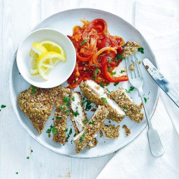 Easy walnut and oat crusted chicken with peperonata