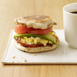Egg and Canadian bacon sandwiches with avocado and tomato