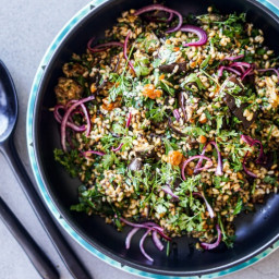 Eggplant, brown rice and quinoa salad with quick pickled onion and a date a