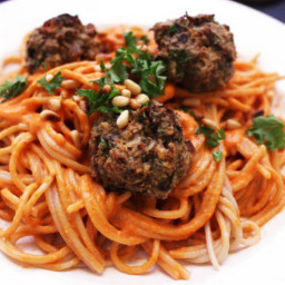 Eggplant Meatballs with Roasted Red Pepper Tahini Pasta