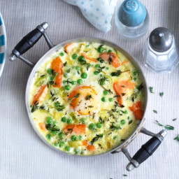 Eggs en cocotte with hot-smoked salmon, leeks and peas