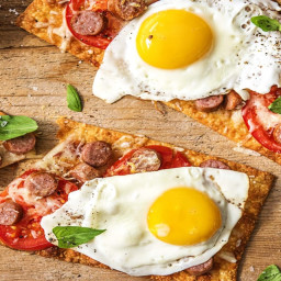 Eggy Sausage Flatbreads with Tomato and Basil