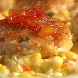 Emeril's Gulfcoast Fishhouse Crab Cakes with Sweet Corn Maque Choux and Tom