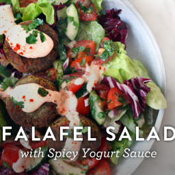 Falafel Salad with Spicy Yogurt Sauce