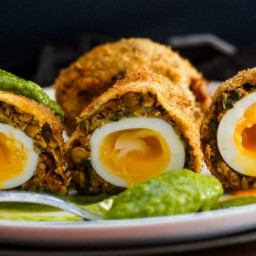 Falafel scotch eggs with spicy green goddess dressing
