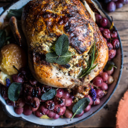 Fall Harvest Cider Roasted Chicken with Walnut Goat Cheese + Grapes
