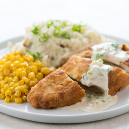 Farmhouse Fried Chickenwith mashed potatoes, green onion gravy, and corn